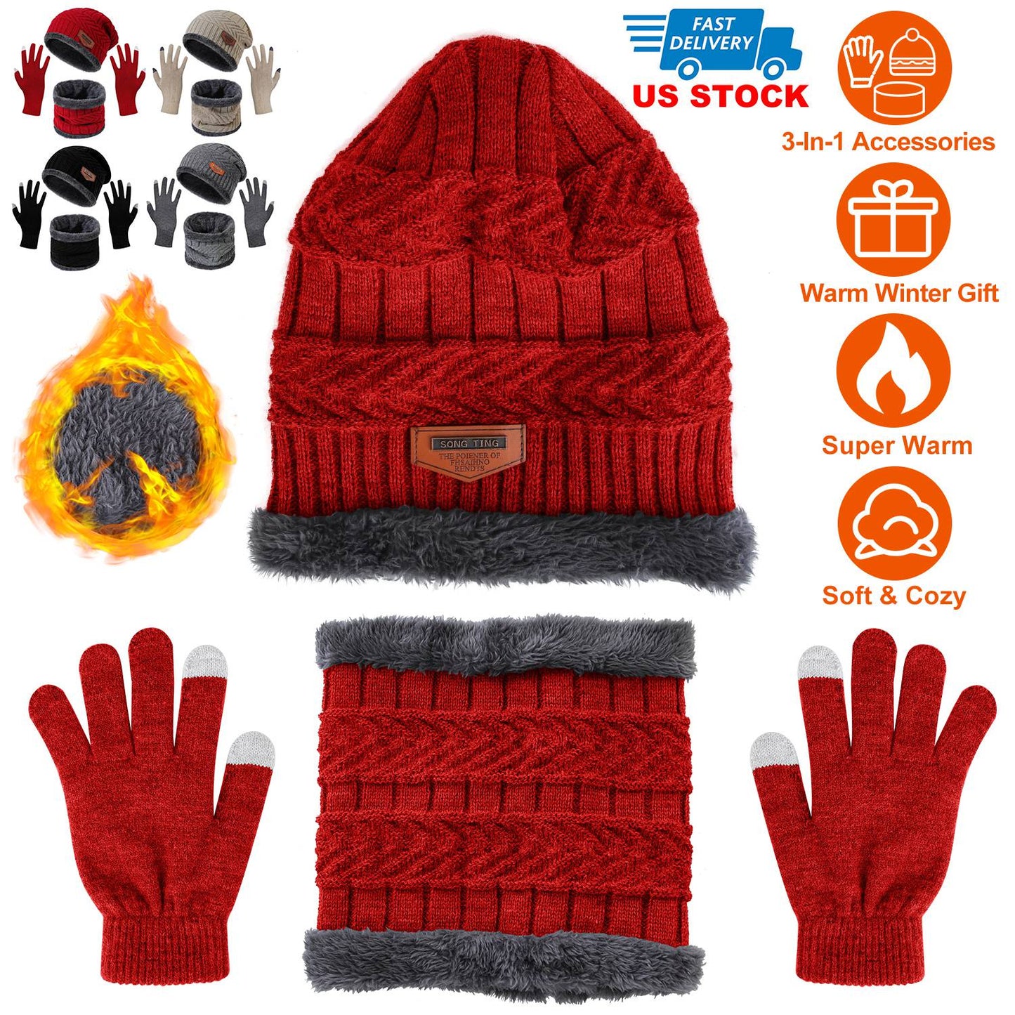 Winter Knitted Hat Scarf Gloves 3Pcs Winter Warm Beanie and Touch Screen Gloves Scarf Set Knit Beanie Skull Cap Neck Warmer Mittens for Men Women