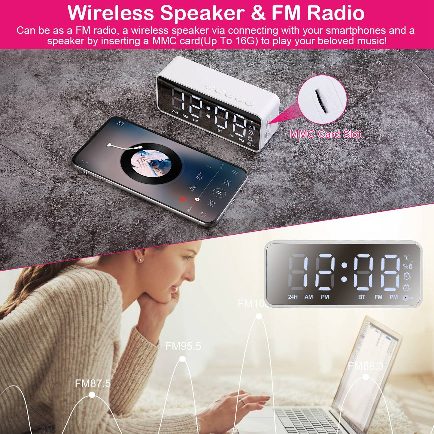 Mirror Digital Alarm Clock LED V5.0 Wireless Speaker Clock with FM Radio Temperature Display MMC Card Slot
