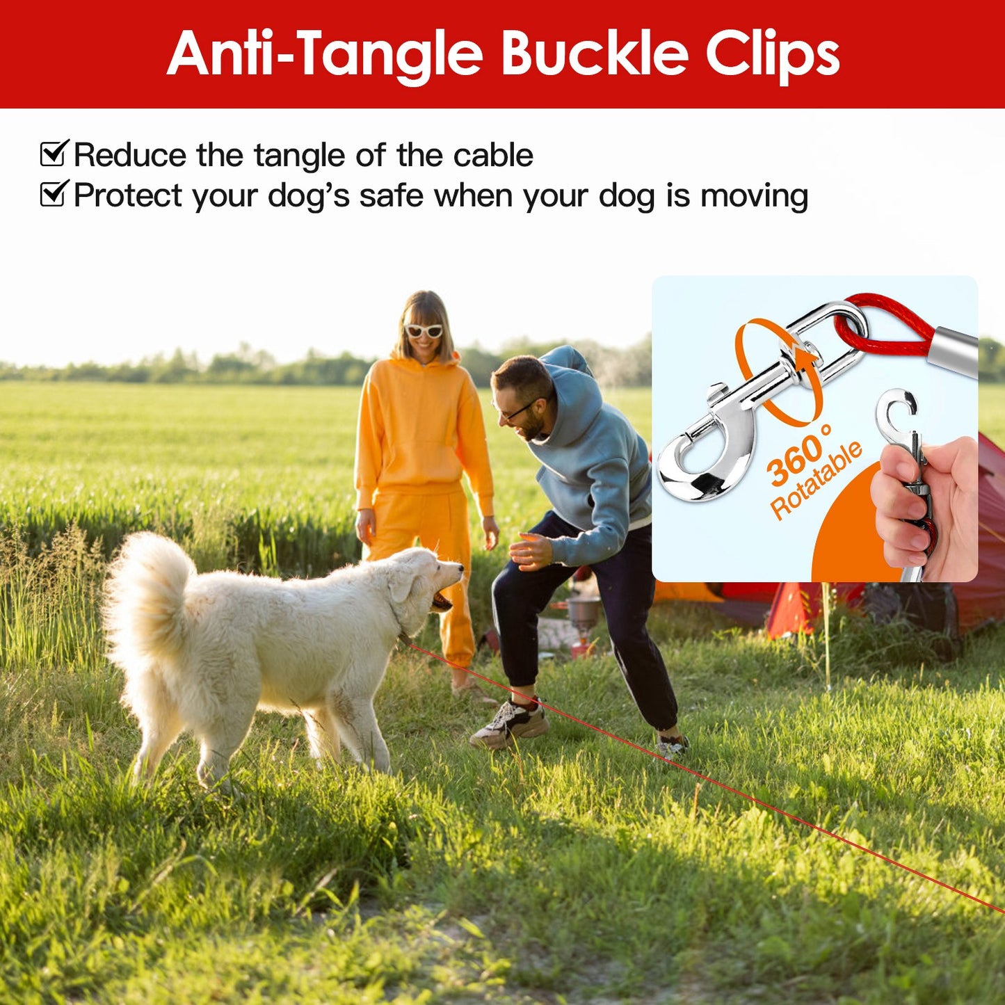 29.5FT Dog Tie Out Cable Long Dog Leash Chew Proof Lead Dog Chain with Durable Spring 360¡ Rotatable Clips PVC Case for Outside Yard Caming