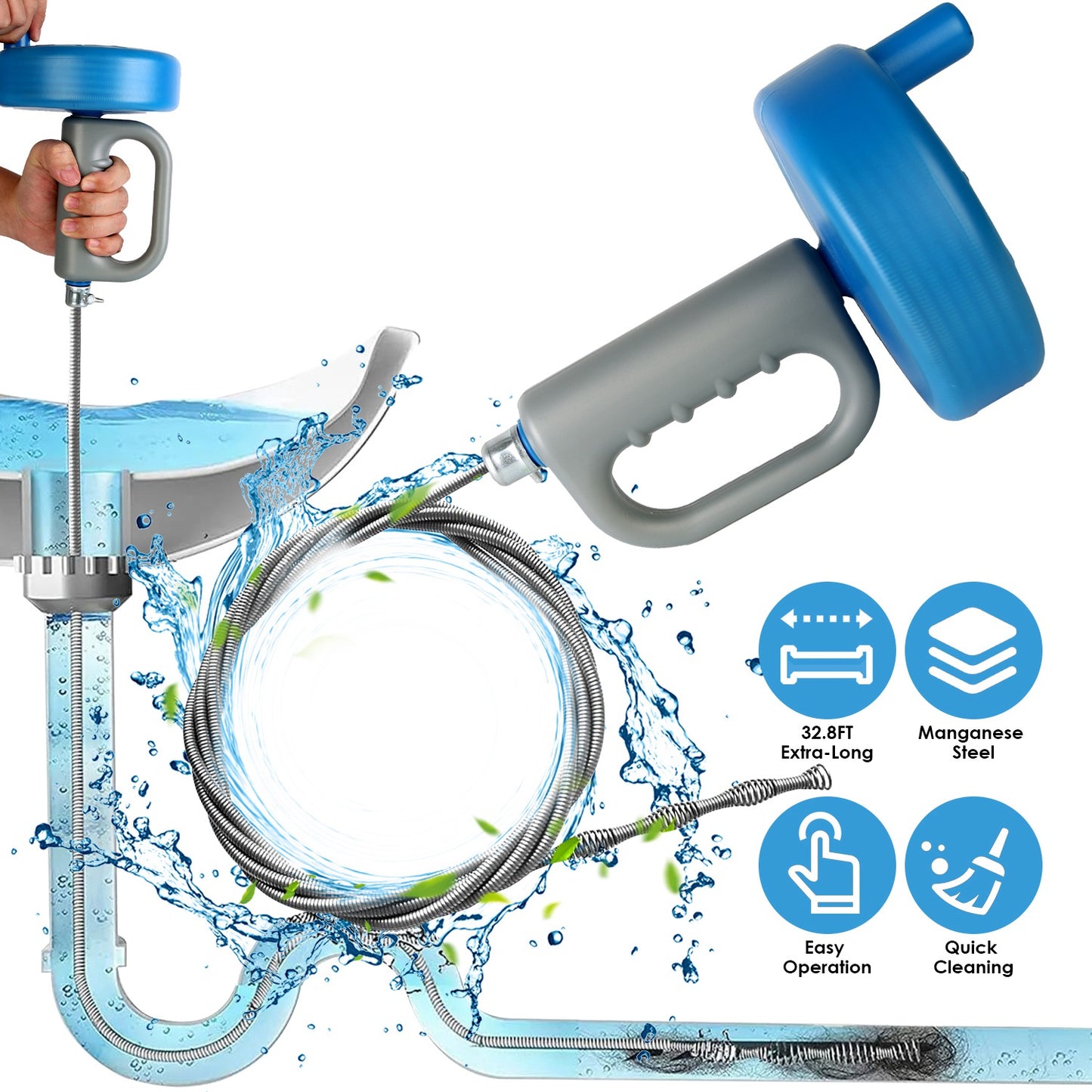 32.8FT Drain Snake Auger Plumbing Snake Hair Clog Remover For Sewer Sink Bathtub Shower Kitchen Bathroom Drain Clog Remover