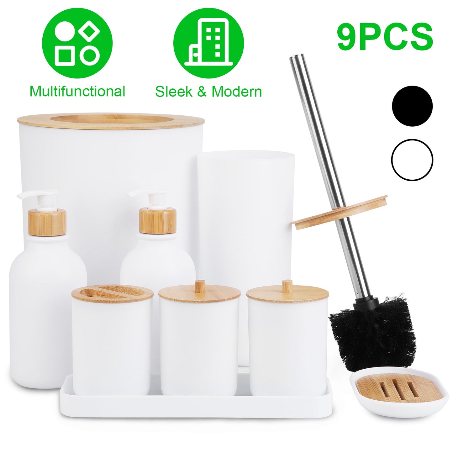 9Pcs Bathroom Accessories Set Trash Can Lotion Soap Dispensers Q-tip Holders Toothbrush Holder Soap Dish Vanity Tray Toilet Brush Black White