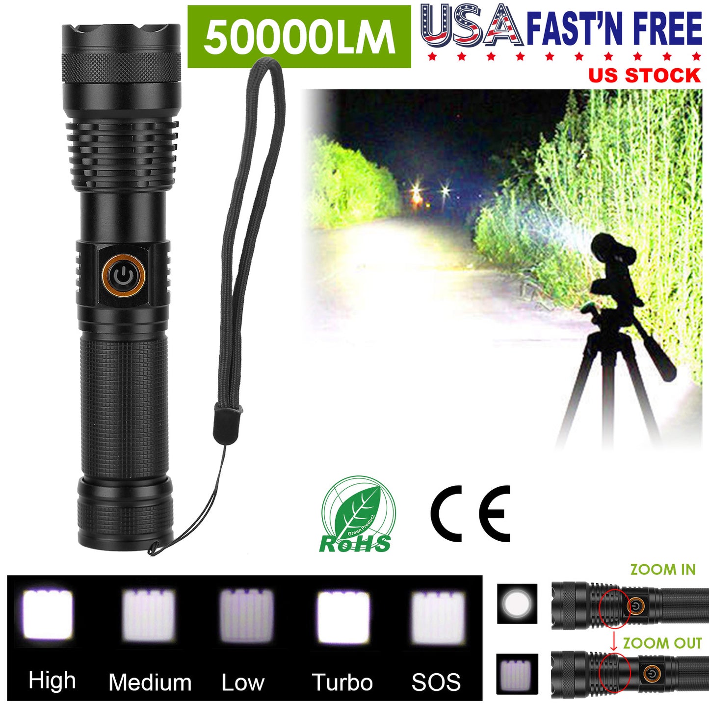 Tactical LED Flashlight Zoomable Rechargeable Search Light Torch 50000LM w/ 5Modes SOS Night Light For Night Walking Adventures