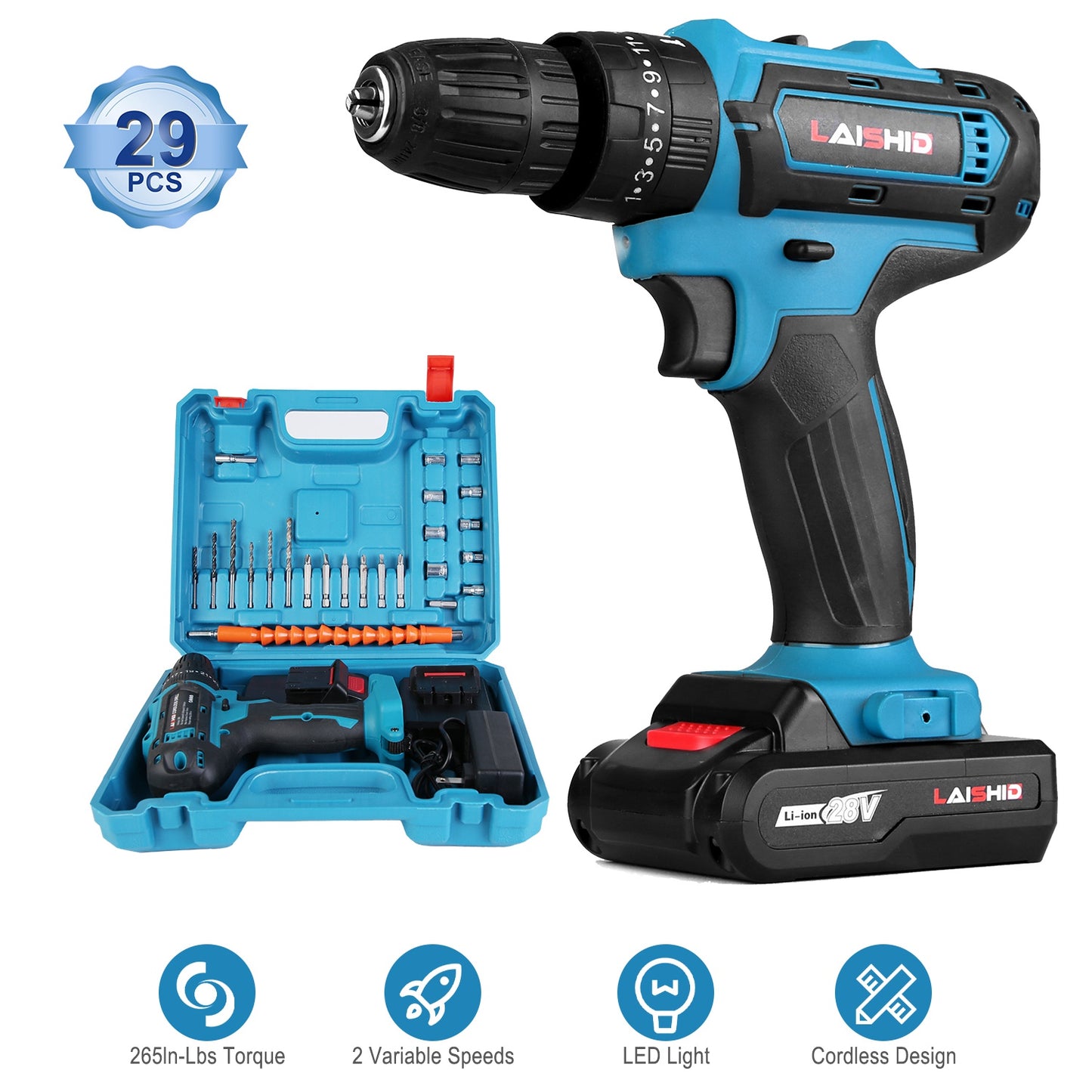 Cordless Drill Set With 2Pcs 28V Batteries and Charger 2 Variable Speeds 3/8In Keyless Chuck 265ln-lbs 25+3 Torque Positions Included 24Pcs Drill Bits