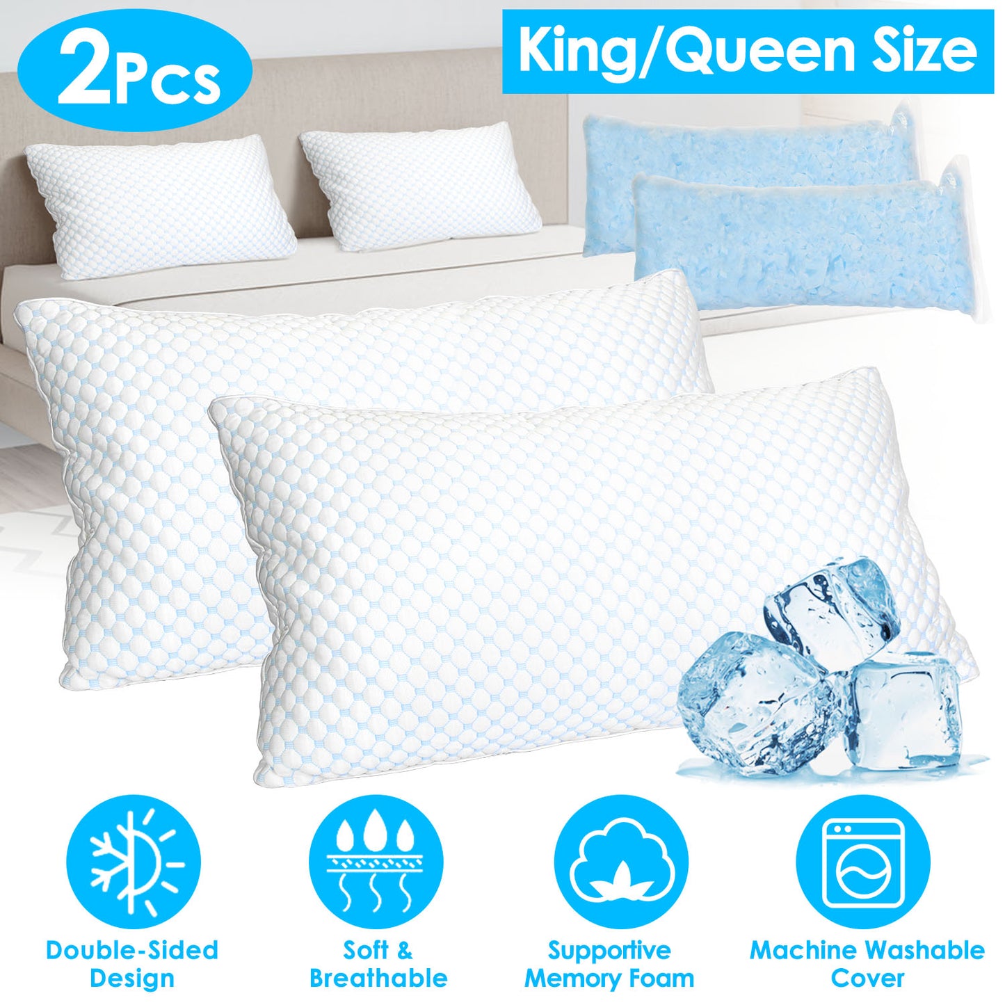 2 Pack Shredded Memory Foam Pillows Adjustable Cool Pillows with Extra Filling Machine Washable Cover for Side Back Stomach Sleepers