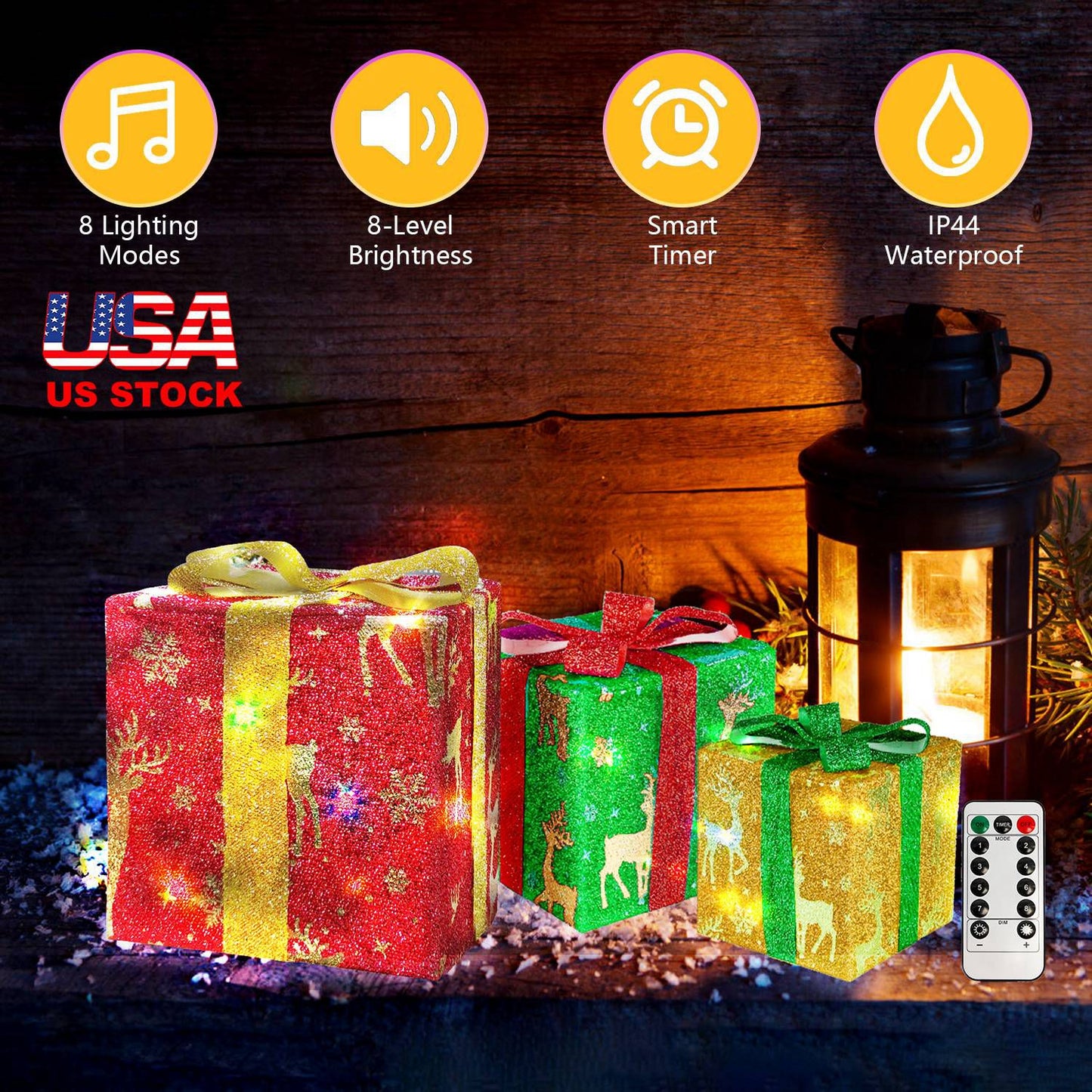 Set of 3 Christmas Lighted Gift Boxes Xmas Present Ornament 50 LED Christmas Box Decorations with Ribbon Bows IP44 Waterproof Battery Powered for Indo
