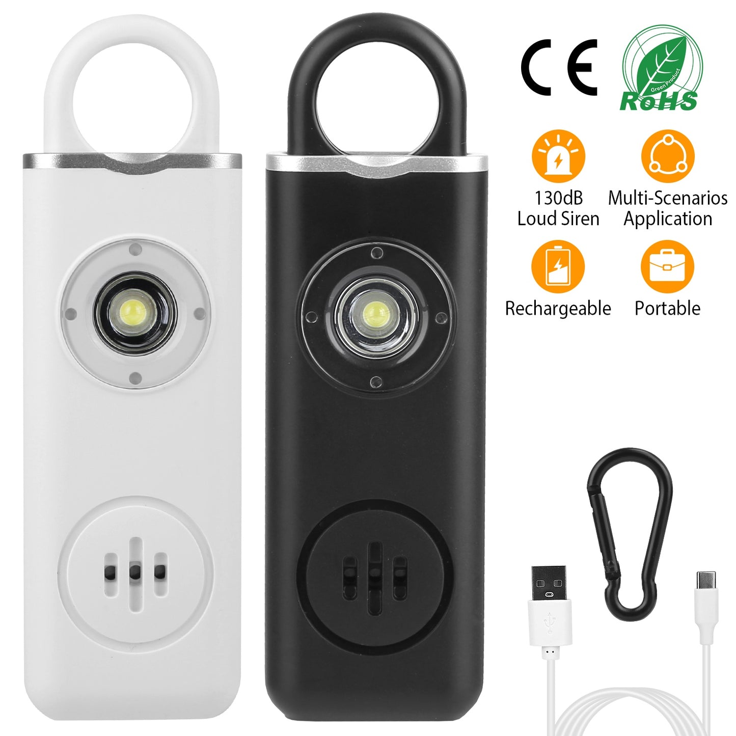 Rechargeable Personal Safety Alarm Portable 130dB Self-defense Siren with Strobe Light LED Light Carabiner Emergency Escape Tool for Women Kids Elderl