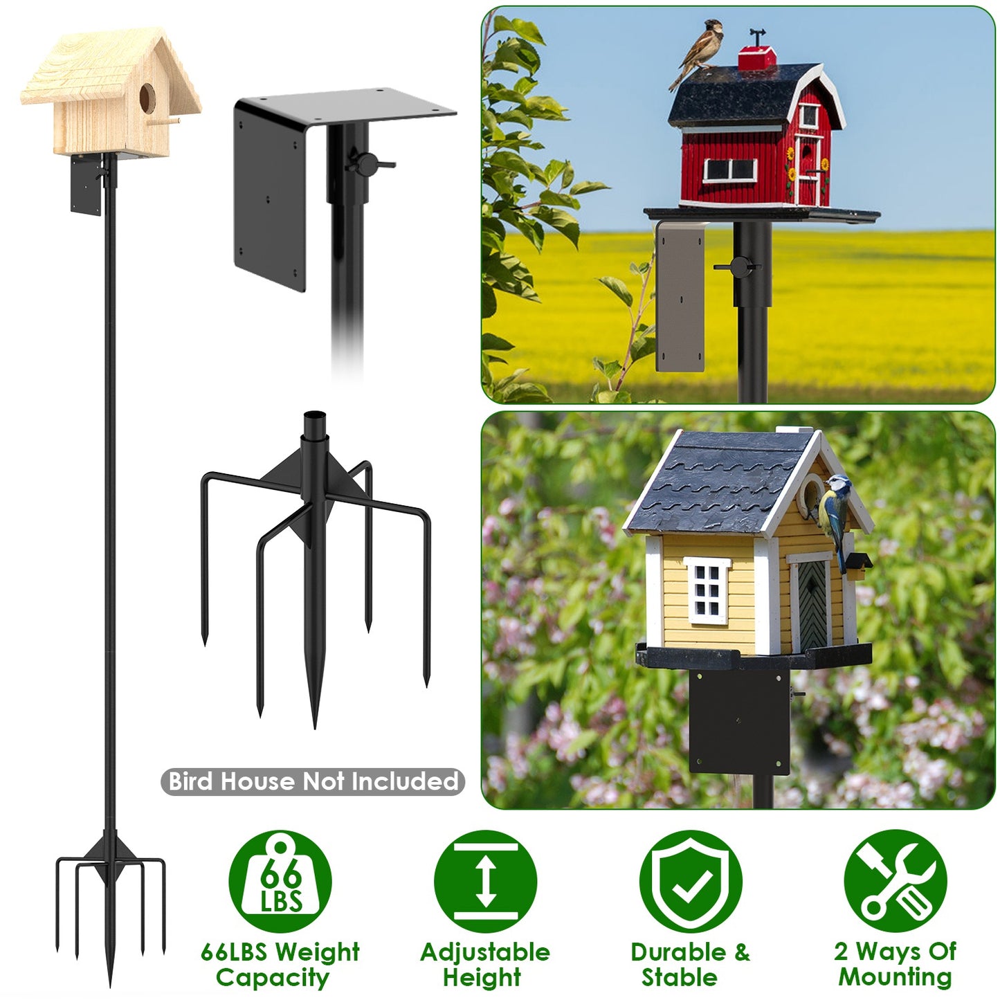 79.92in Bird House Pole Kit Height Adjustable Bird Feeder PoleÊMount Kit Heavy Duty Bird House Pole Set with 5 Prongs Base for Bird House Bird Feeder