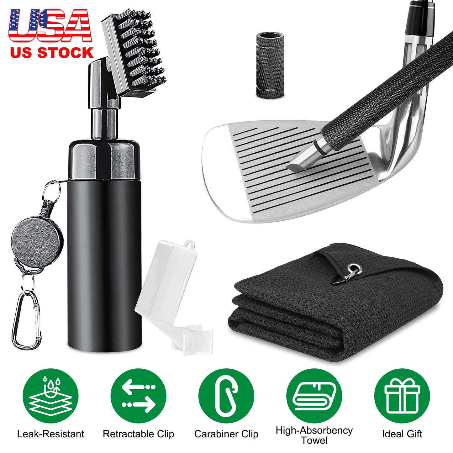 3 In 1 Golf Club Cleaning Kit Golf Club Cleaner Brush with 5Oz Water Bottle Retractable Clip Groove Sharpener Golf Towel Gift for Golfers