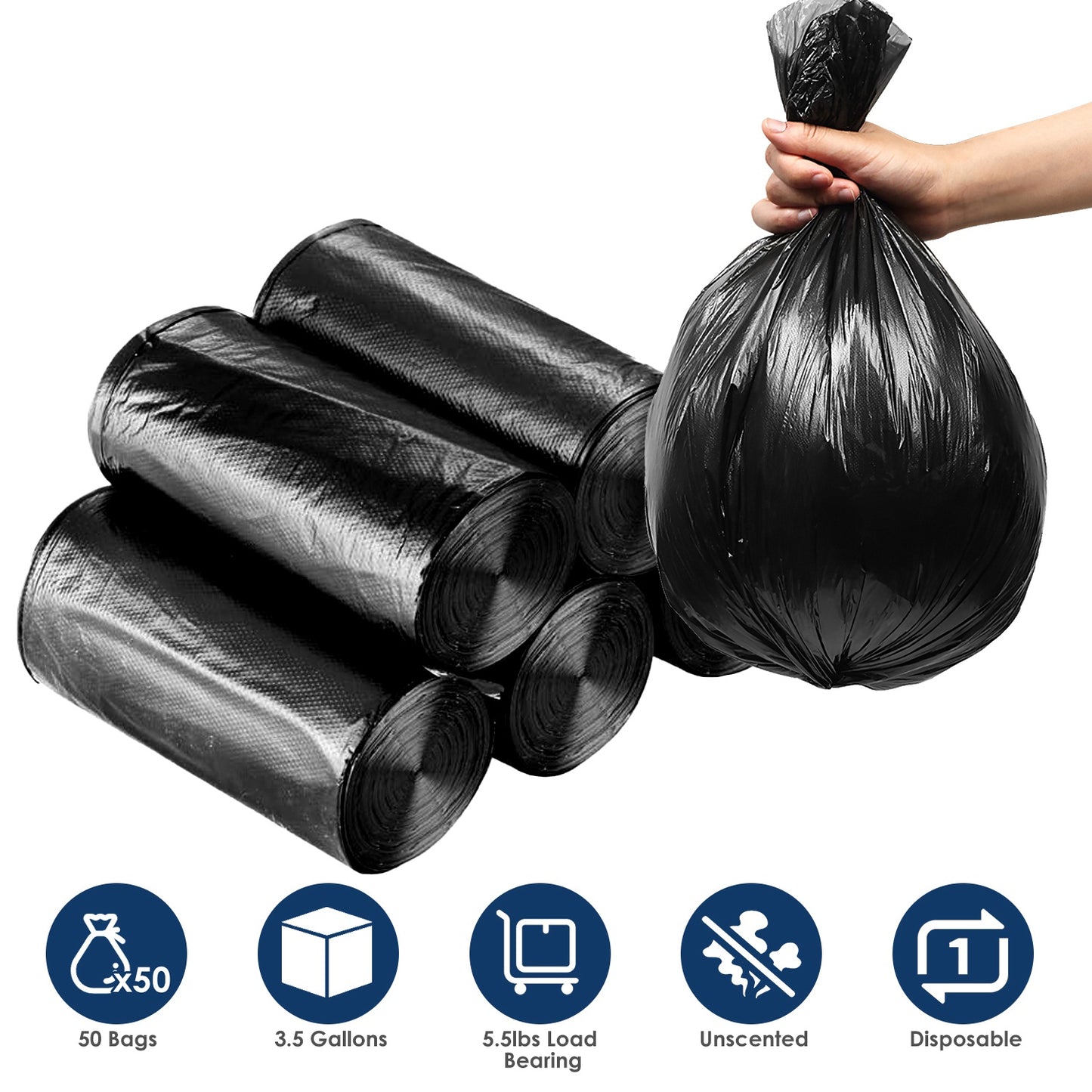 5 Rolls Overall 50 Count Black Garbage Bags Disposable Trash Bags Trash Can Liners Unscented Leak Resistant for Camping Toilet Home Office