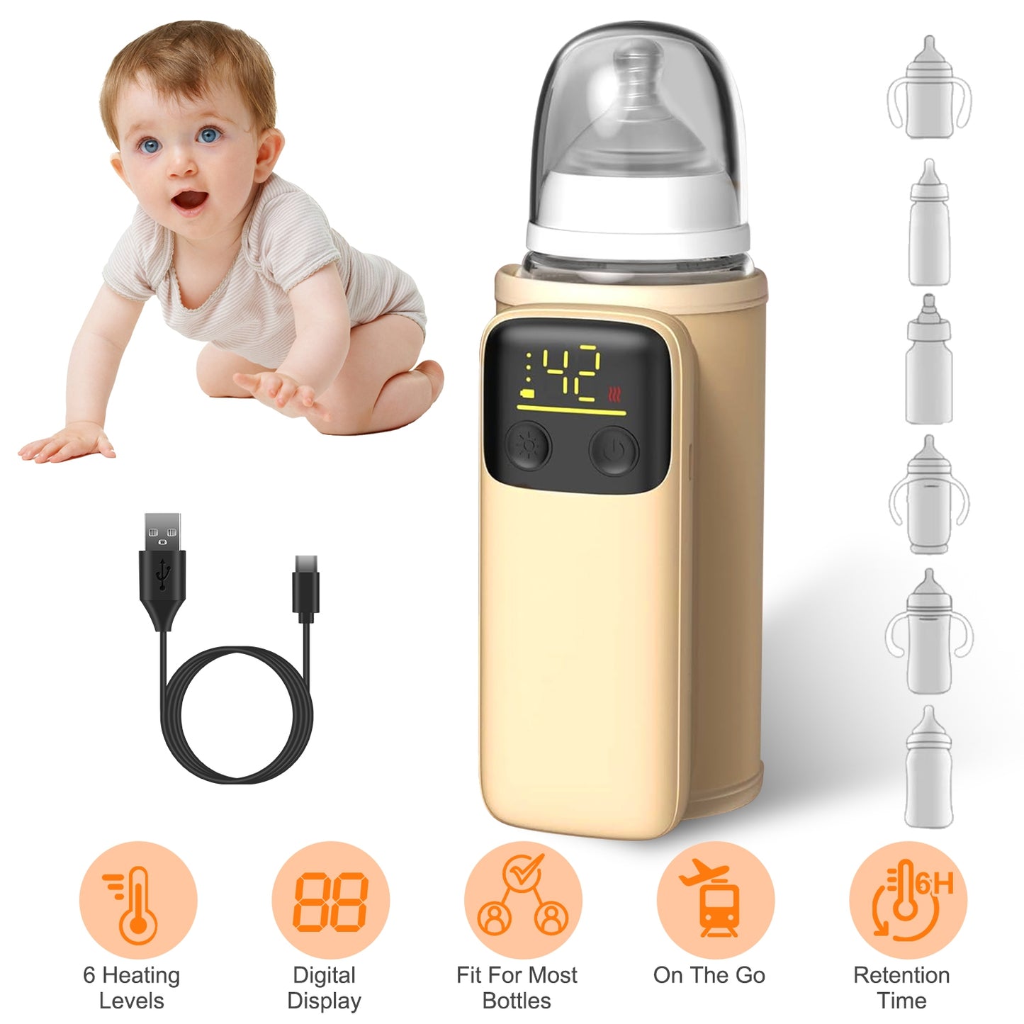 Portable Bottle Warmer with Night Light On The Go Baby Milk Warmer Milk Formula Warmer for Home Travel with 6 Heating Levels