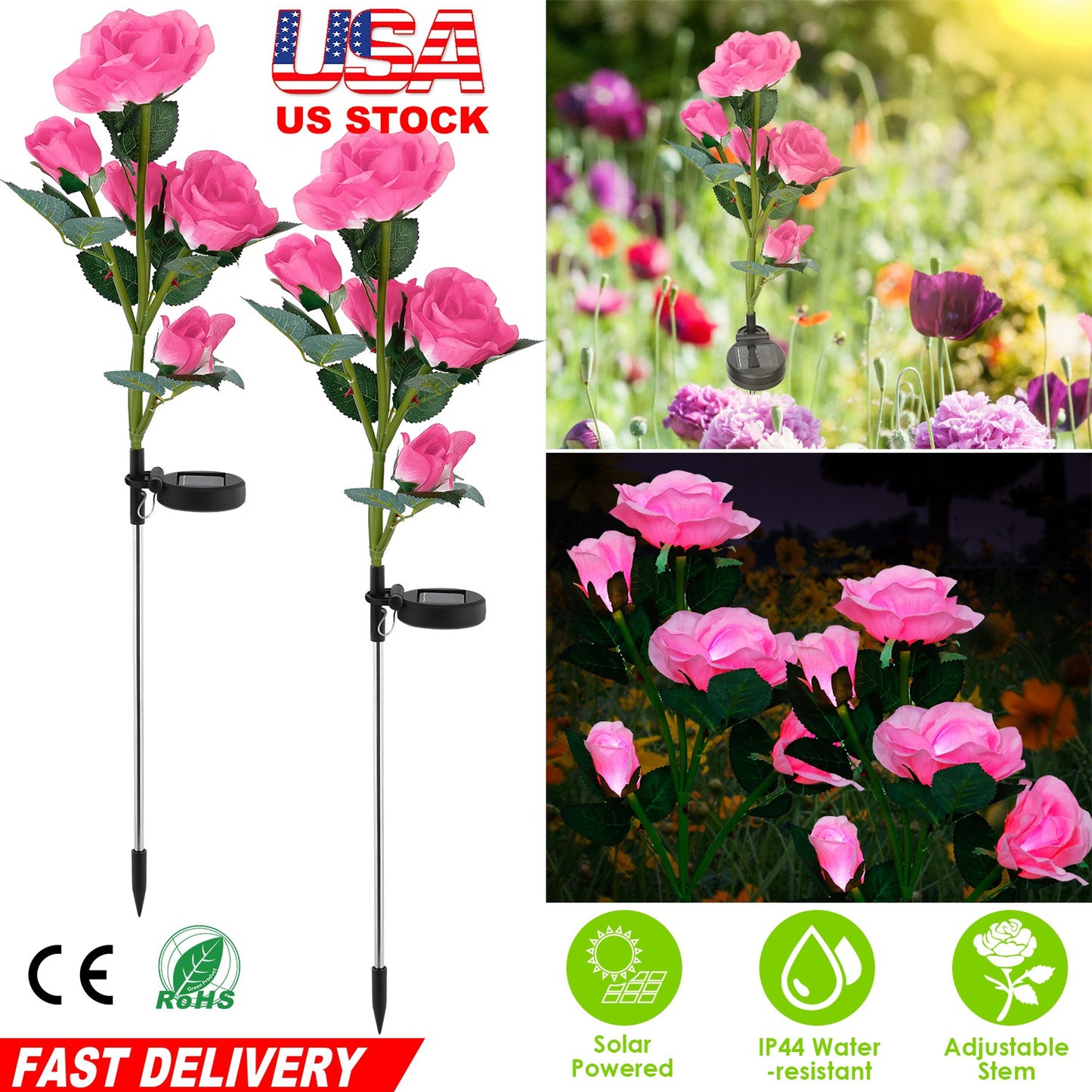 2Pcs Solar Powered Lights Outdoor Rose Flower LED Decorative Lamp Water Resistant Pathway Stake Lights For Garden Patio Yard Walkway