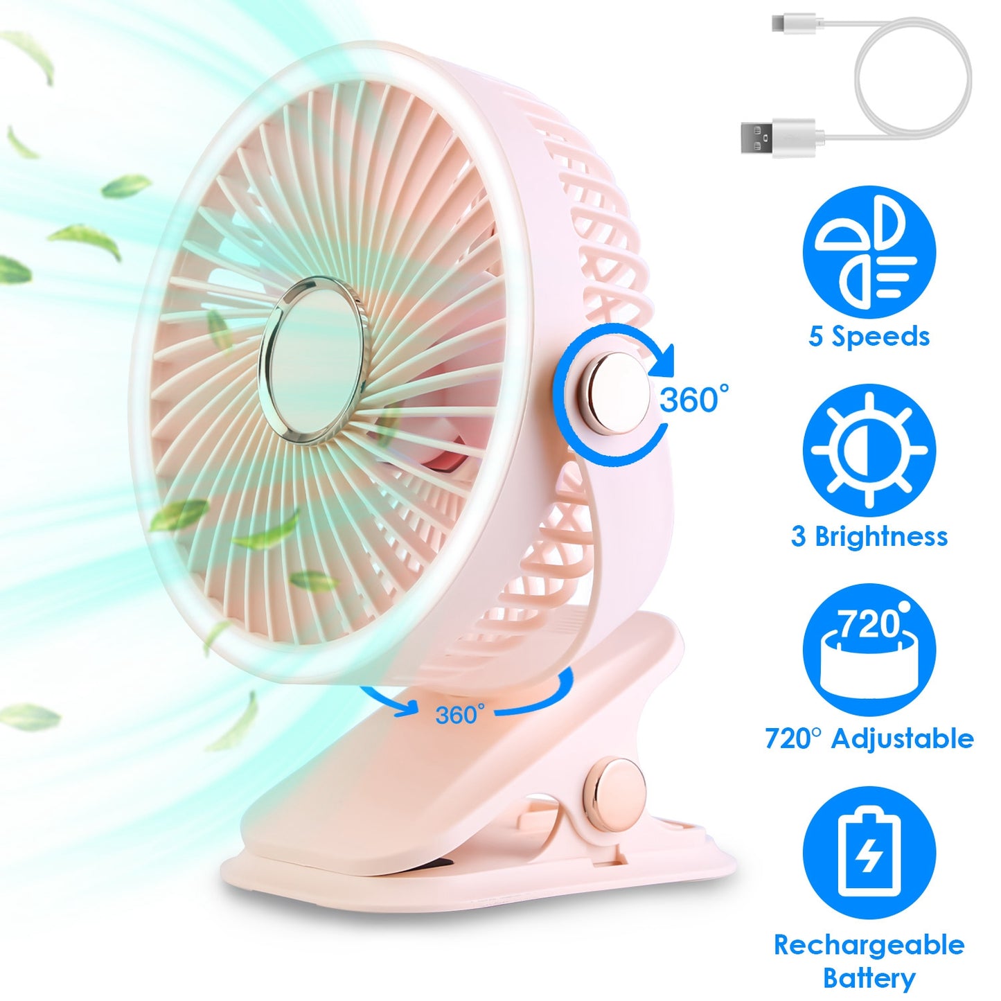 Portable Quiet Clip On Fan With 5 Speeds 3 Brightness 720¡ Fully Adjustable Angle Type-C Rechargeable Clip Desk Wall Mounted Fan For Camping Office Ho