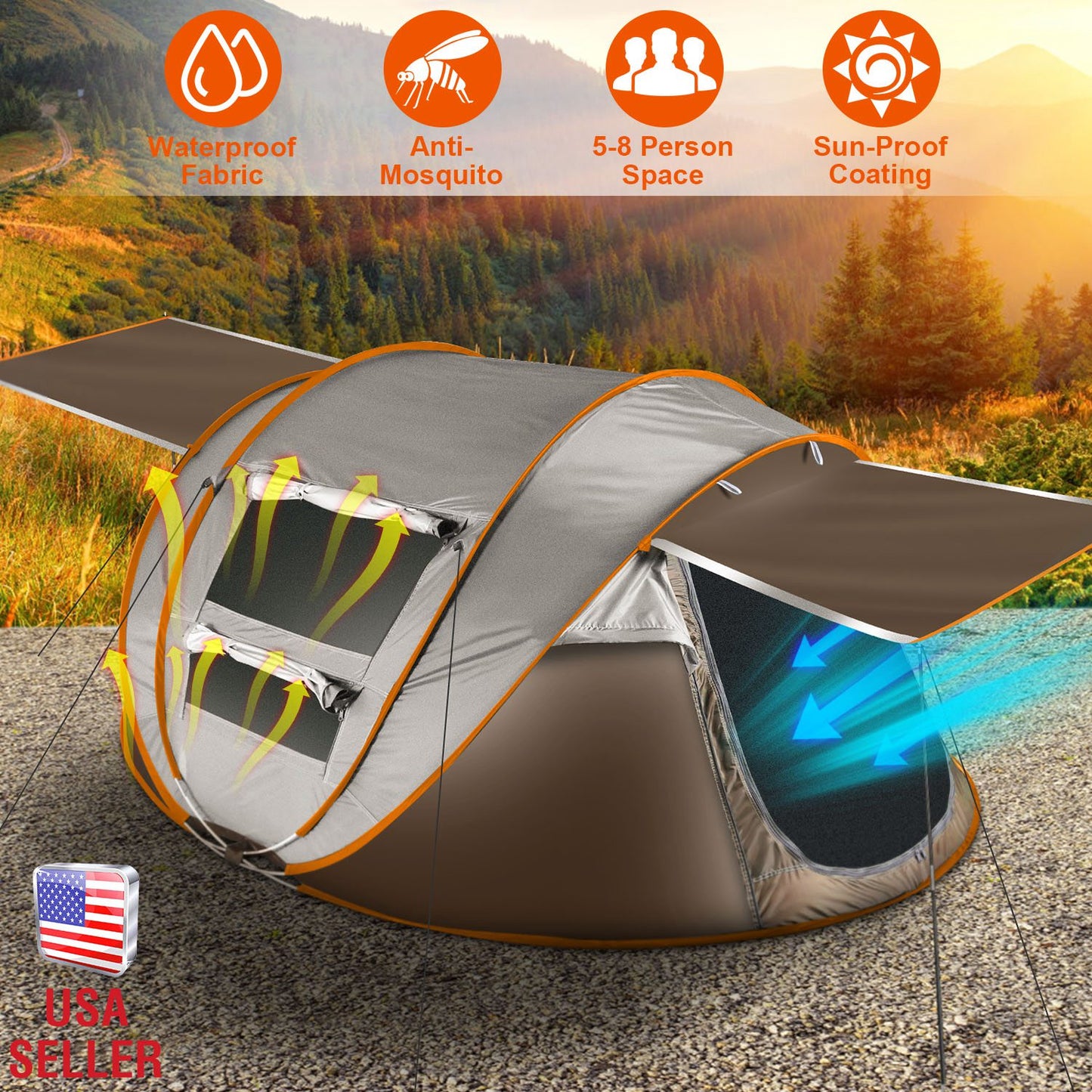 5-8 Person Pop Up Tent Automatic Setup Camping Tent Waterproof InstantÊSetup Tent with 4 Tent Poles 2 Mosquito Net Windows Carrying Bag for Hiking Cli