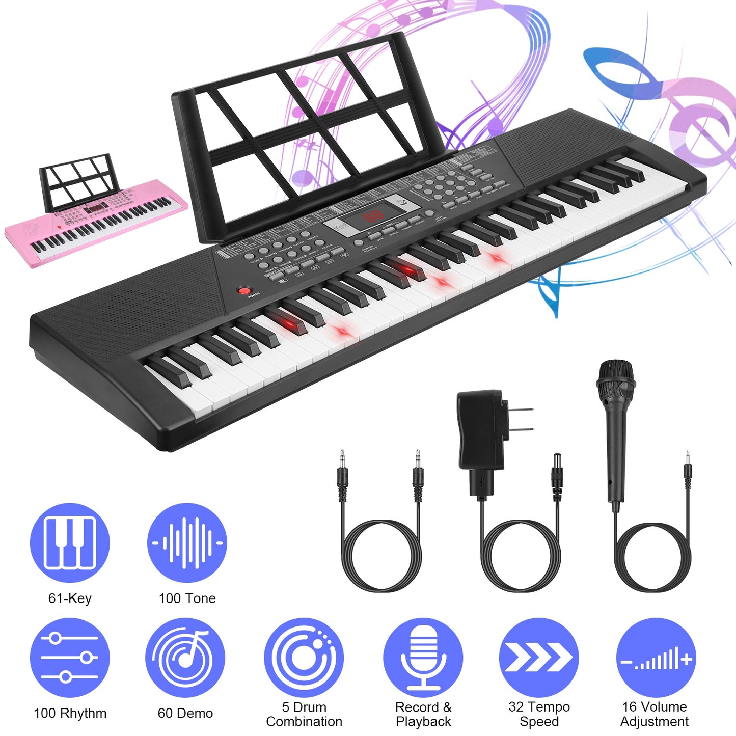 61 Keys Digital Music Keyboard Electric Piano Electronic Musical Instrument Kids Learning Keyboard with Stand Light Up Keys Microphone for 3-12 Year O