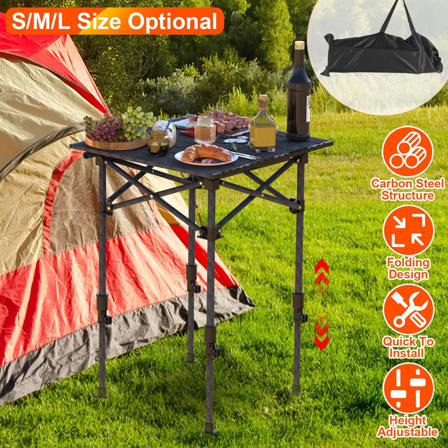 Portable Folding Camping Table With Adjustable Height Rustproof Carbon Steel Foldable Roll-Up Camping Table for Picnic Camping Hiking Beach BBQ 55LBS