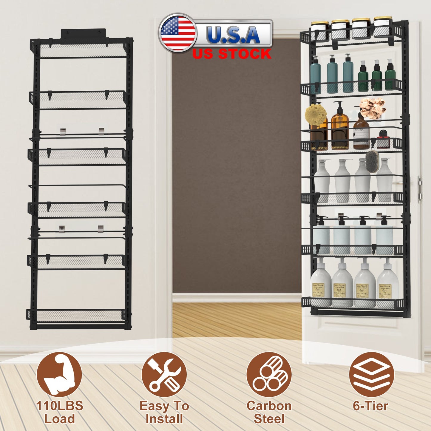 Over The Door Pantry Organizer 6-Tier Pantry Door Organizer Carbon Steel 110LBS Loading Easy Install Behind Door Storage For Closet Kitchen Bathroom 5