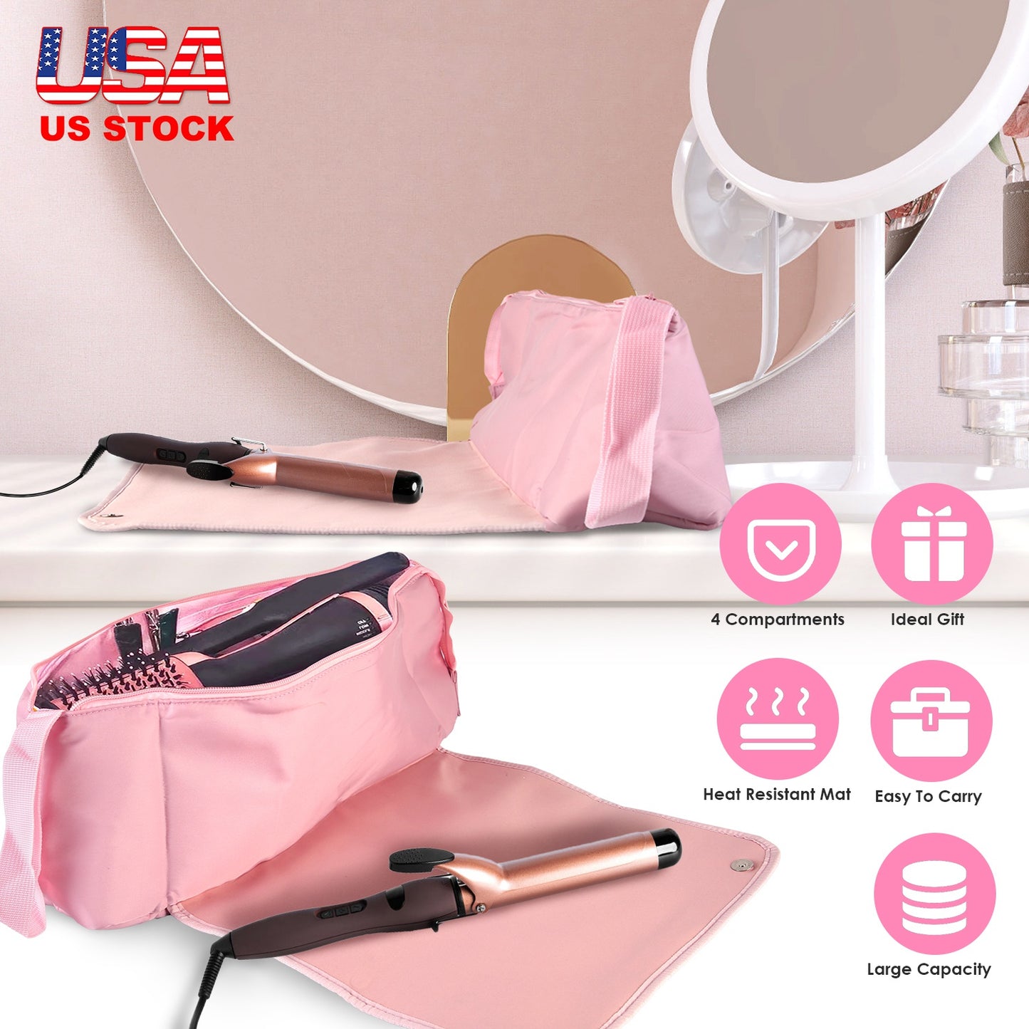 2 In 1 Hair Tools Travel Bag and Heat-resistant Mat Curling Iron Travel Case Hair Tool Pouch Holder Organizer for Curling Iron Straightener Hair Dryer