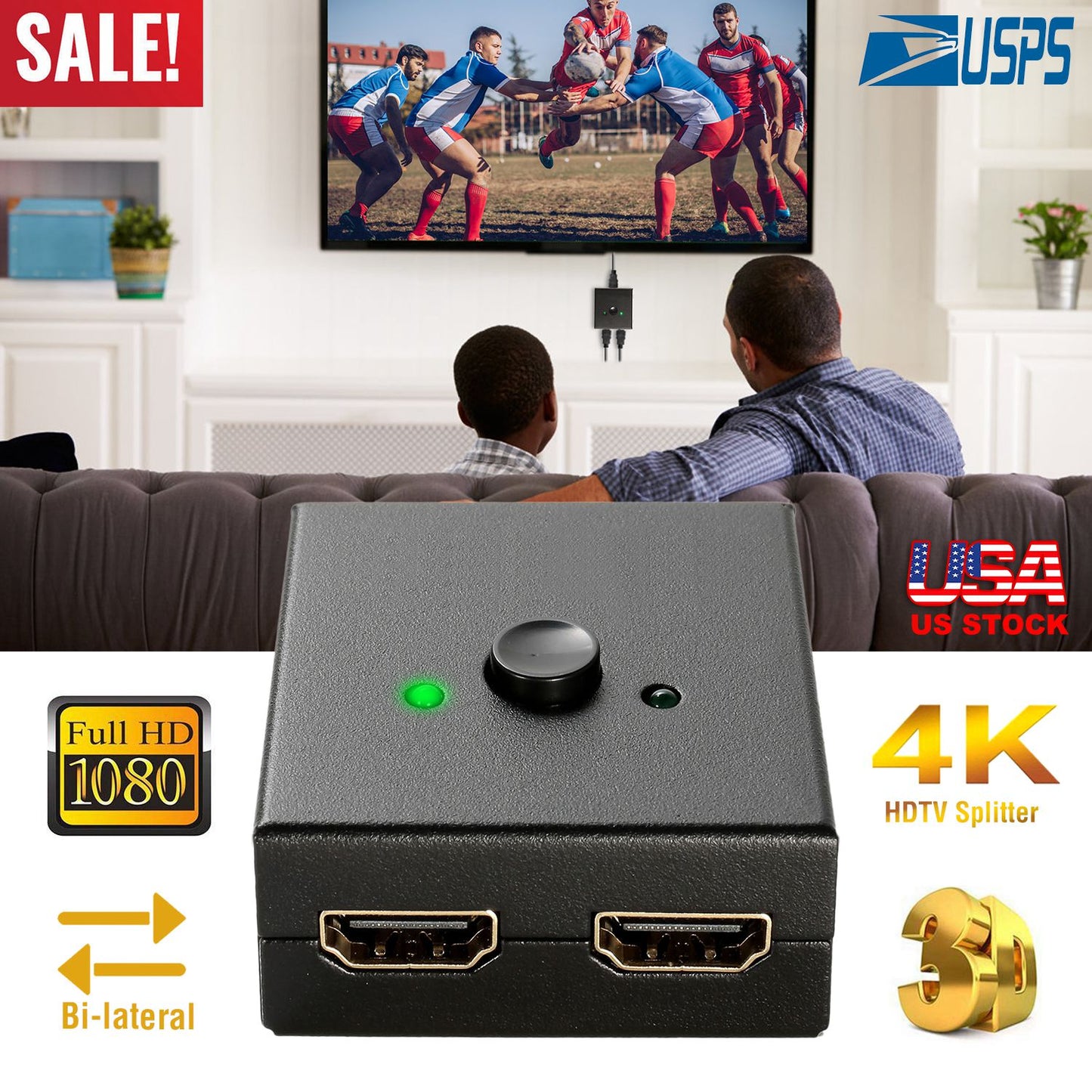 HD IN & HD OUT Bi-directional Switch Adapter 1x2 or 2x1 4K HDTV Splitter Converter Hub Manual Switcher Supports HD 3D 1080P for DVD HDTV Projector Dis