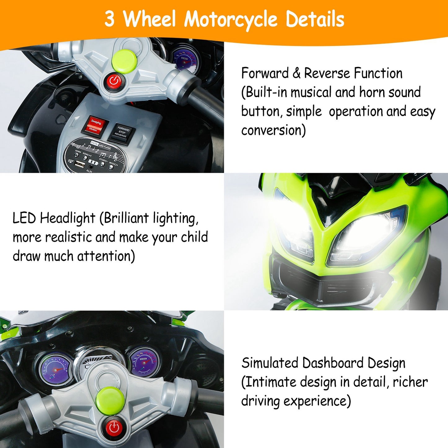 3 Wheel Motorcycle For Kids Aged 1-6 Battery Powered Ride On Toy Electric Tricycle w/Music Story Broadcasting Headlight Rear Light Forward Reverse