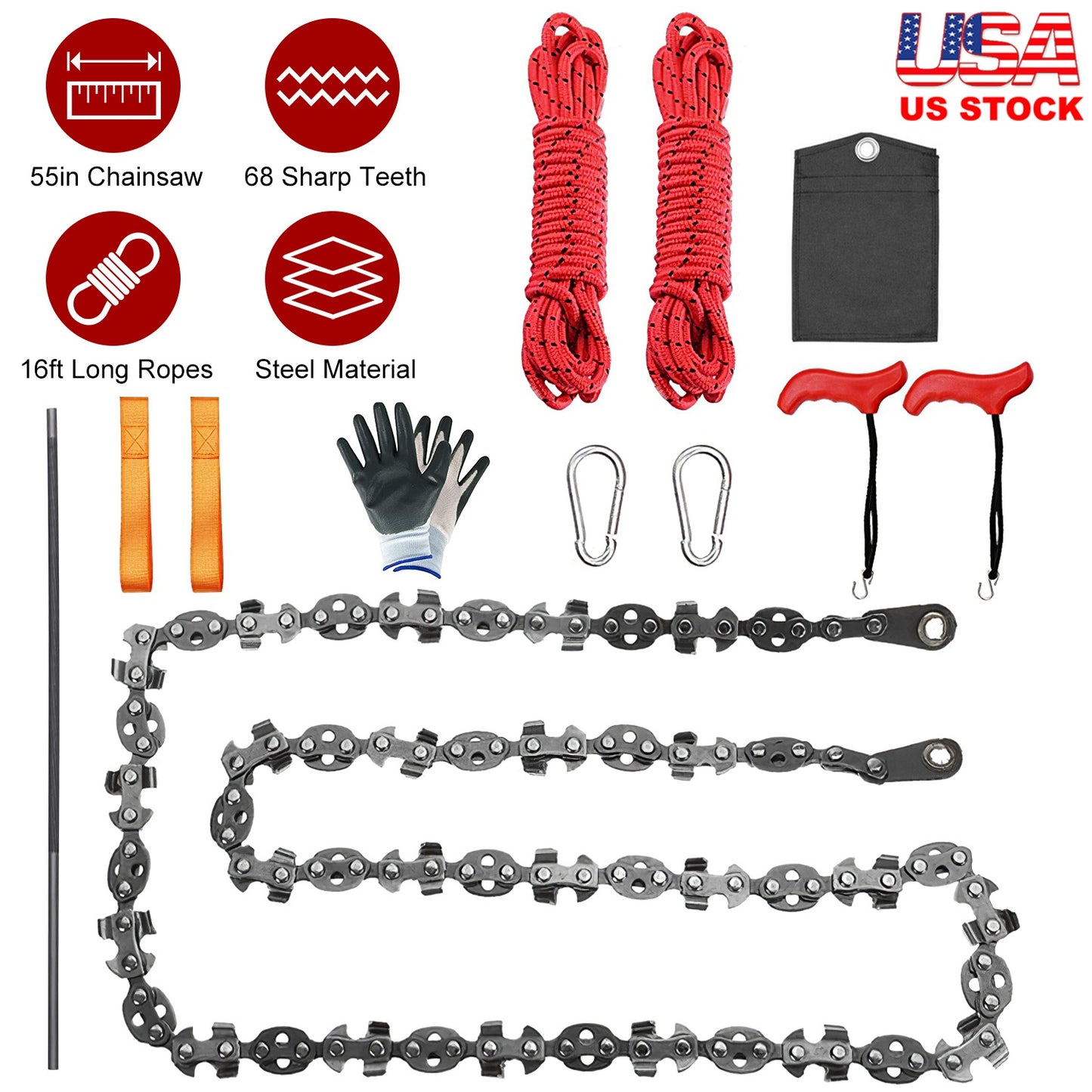 55in 68 Sharp Teeth Hand Rope Chainsaw Kit Blades on Both Side High Tree Limb Rope Saw with 196in Ropes Folding Pocket Chainsaw Carabiner Glove Wood C