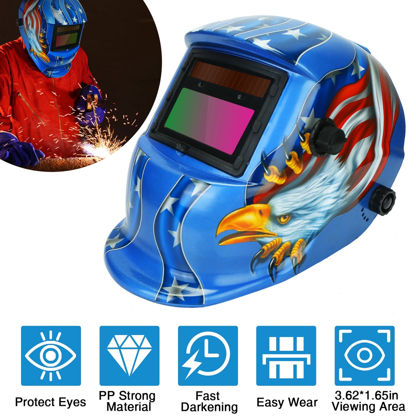 Welding Helmet Solar Powered Auto Darkening Hood with Adjustable Wide Shade Range 9-13 for Mig Tig Arc Weld Grinding Welder Mask