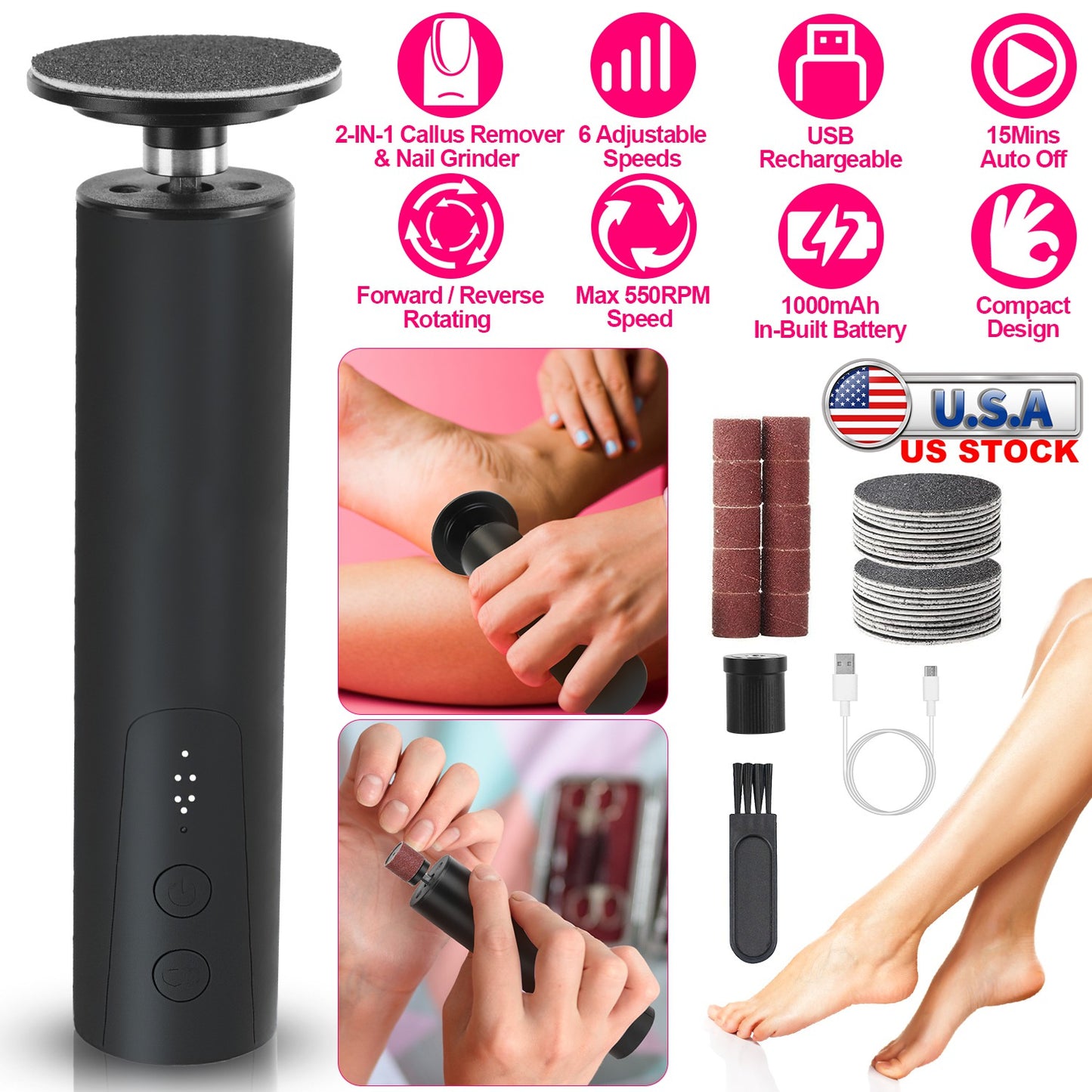 Electric Foot Callus Remover 2 in 1 Rechargeable Foot File Nail Grinder Dead Skin Pedicure Tool Machine with 2 Grinding Heads Total 30Pcs Replaceable