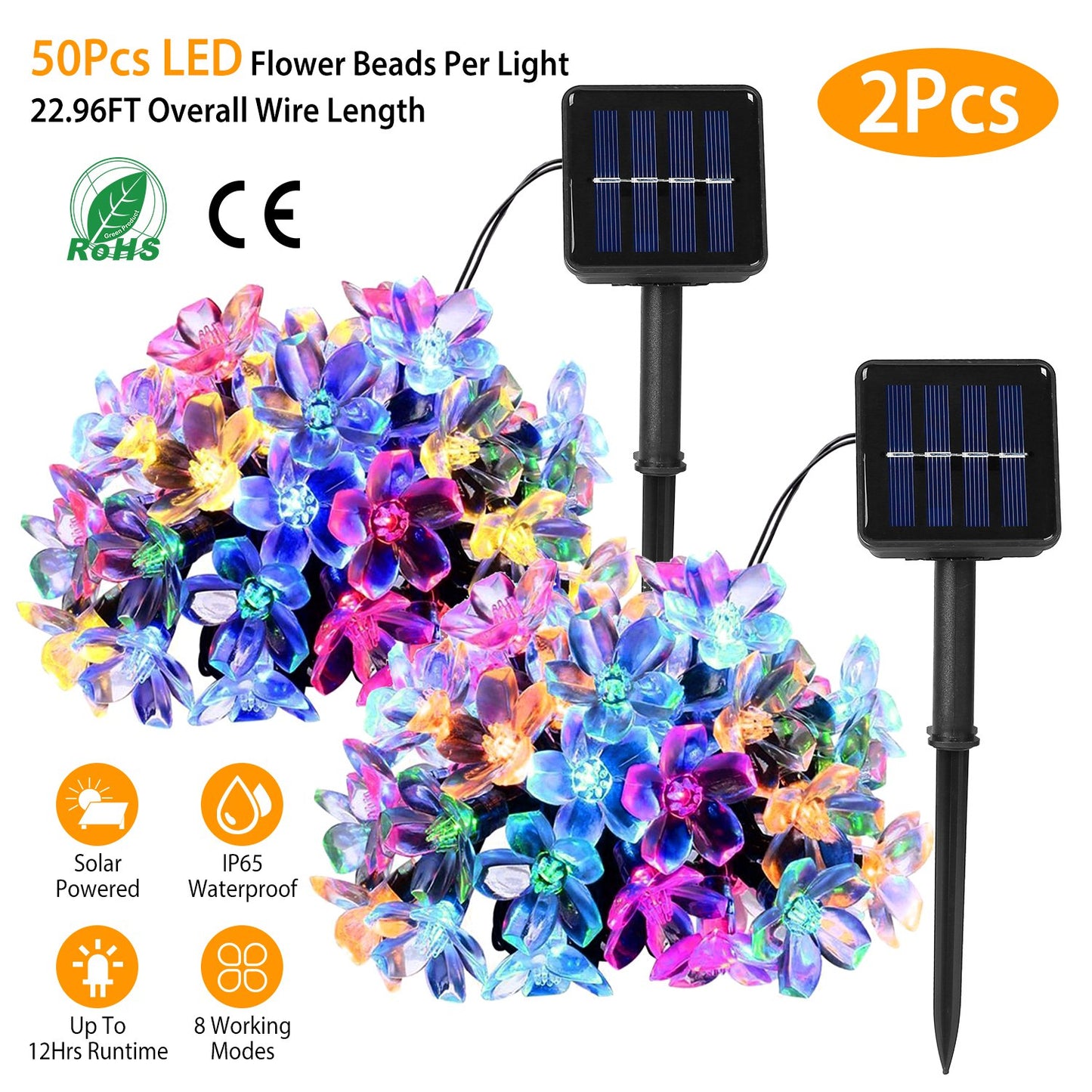 2Pcs Solar Powered String Lights 50LED Beads Fairy Sakura Flower Blossom Lights IP65 Waterproof Colorful Decorative Party Christmas Tree Lamps w/ 8 Li