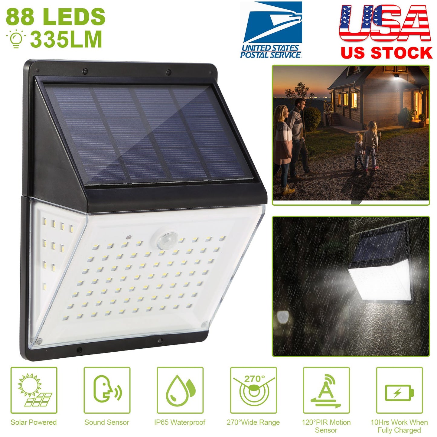 Solar Lights 88 LEDs Wall Lamps Outdoor 120¡ Motion Sensor Sound Control Lightings 270¡Illumination IP65 Waterproof w/ 2.5m Extend Wire for Garage Gar