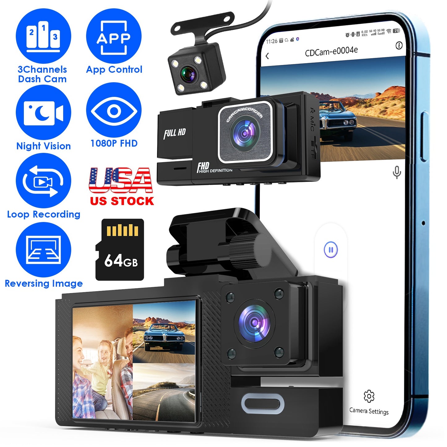 WiFi FHD 1080P Car Dash Cam 3 Channels Front Rear Inside Dash Camera with Loop Recording Reversing Image Night Vision 170¡ Wide Angle Support 64G MMC