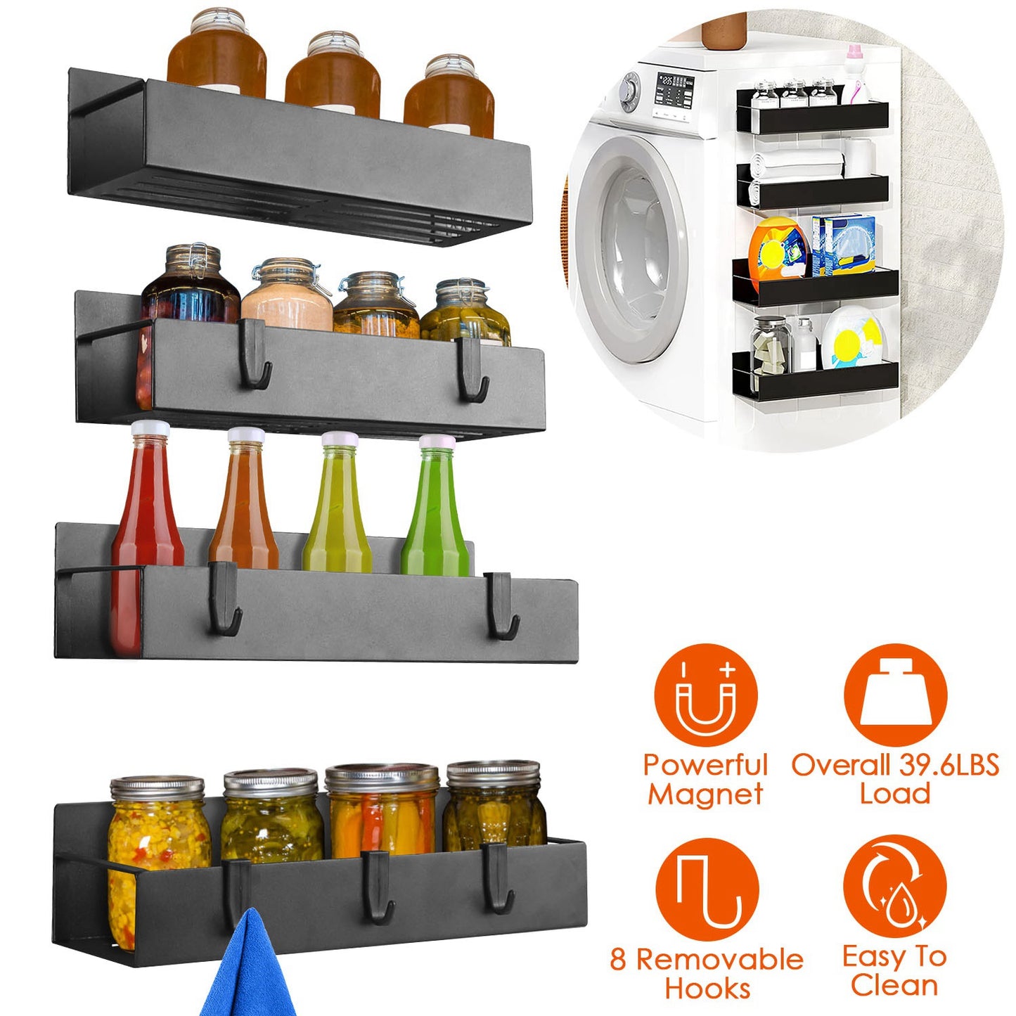 4Pcs Spice Rack Strong Magnetic Seasoning Storage Shelf with 8 Removable Hooks