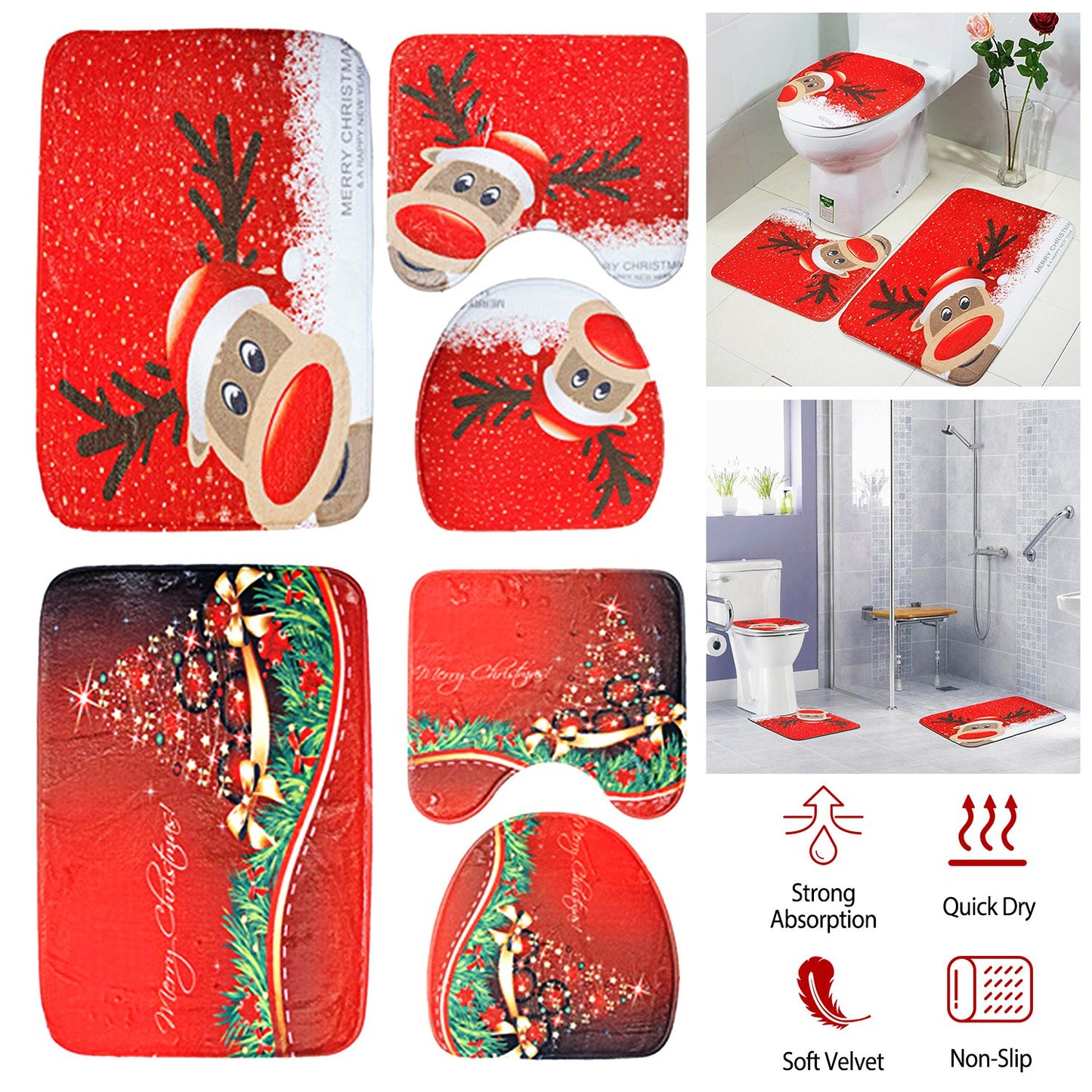 3 Pcs Christmas Bathroom Rugs Set Contour Non-slip Toilet Mats Absorbent Cozy Velvet Floor Carpets