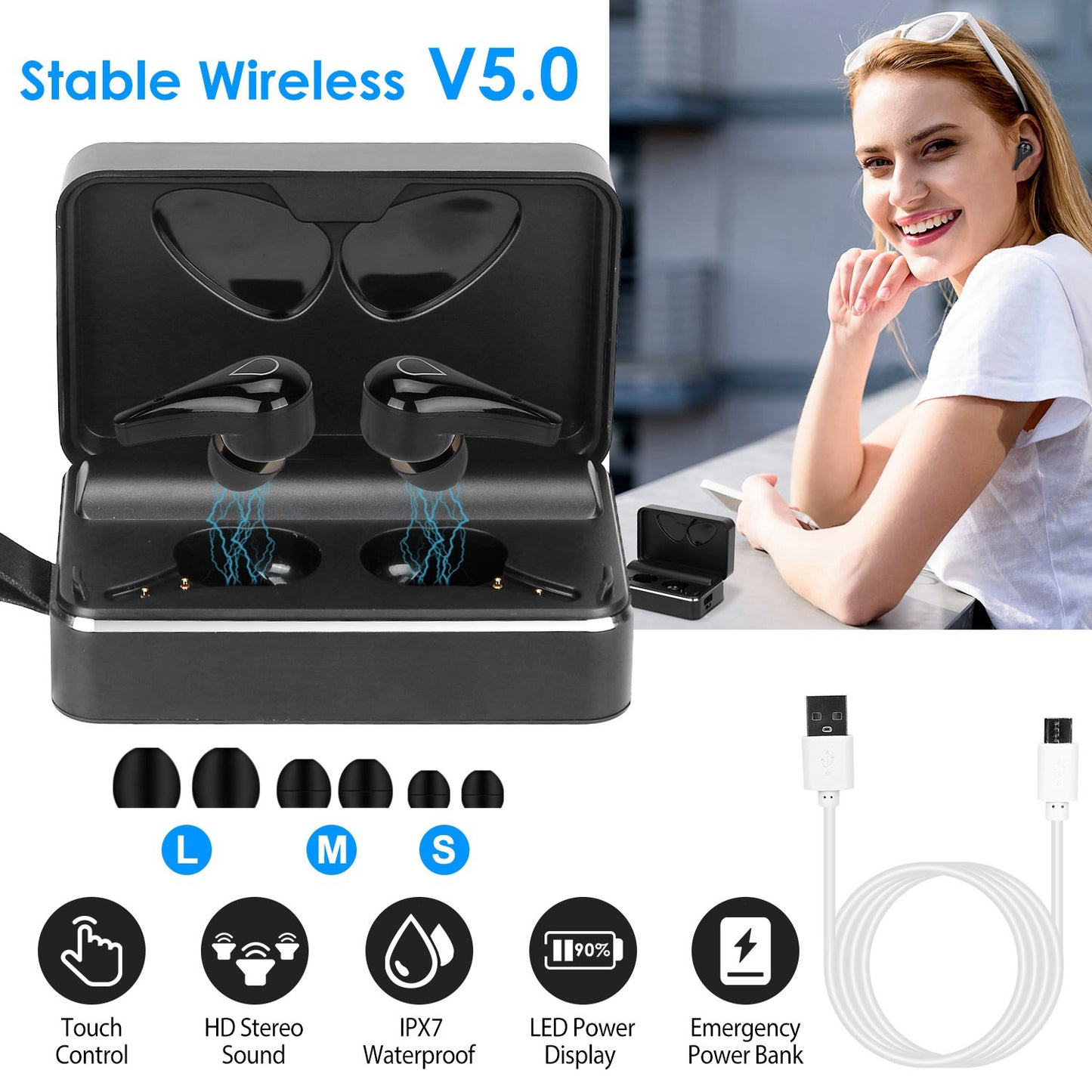True Wireless V5.0 Earbuds IPX7 Waterproof Touch Control In-Ear Stereo Headsets TWS Noise Canceling Earbuds w/ LED Display Magnetic Charging Dock