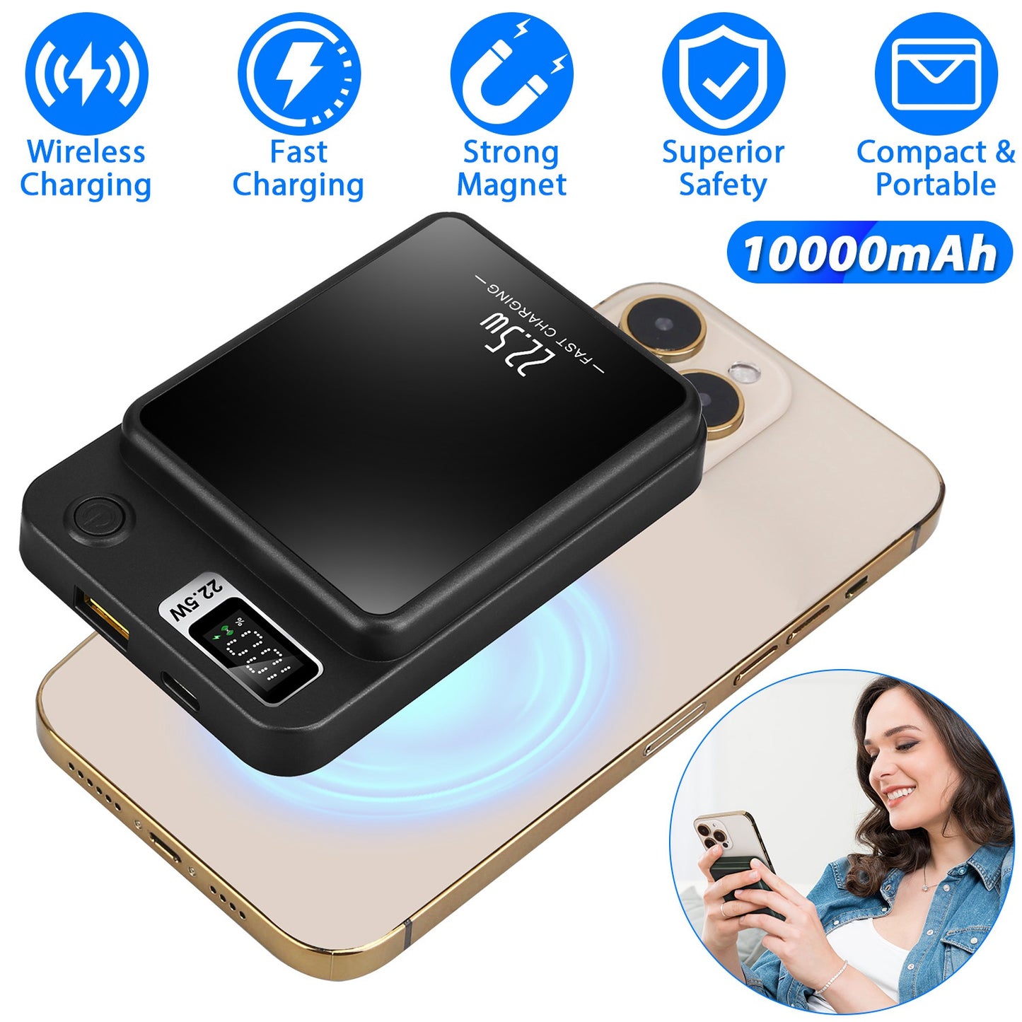 2 In 1 Magnetic Wireless Power Bank 10000mAh PD20W Fast Charger MagSafe Wireless Power Bank Fit for IOS Phones IOS Phone 14 Series And More