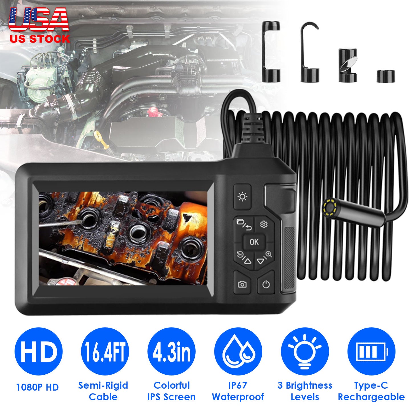 1080P Endoscope Camera with 8 LED Light 8mm Borescope Inspection Camera 4.3Ó Colorful Screen IP67 Waterproof 16.4FT Semi-Rigid Cord Handheld Snake Cam