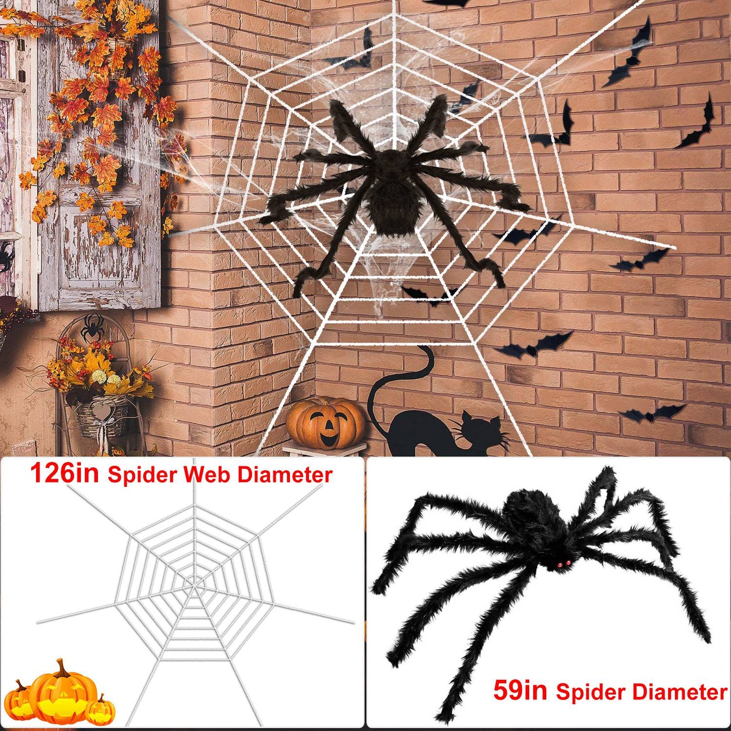 Halloween Decorations Spider Outdoor 59inch Halloween Spider with 126 inch Tarantula Mega Spider Web Hairy Poseable Scary Spider Outdoor Yard Creepy D