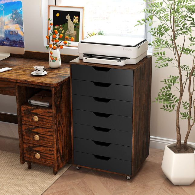 7-Drawer Chest Wooden Storage Dresser with Lockable Wheels
