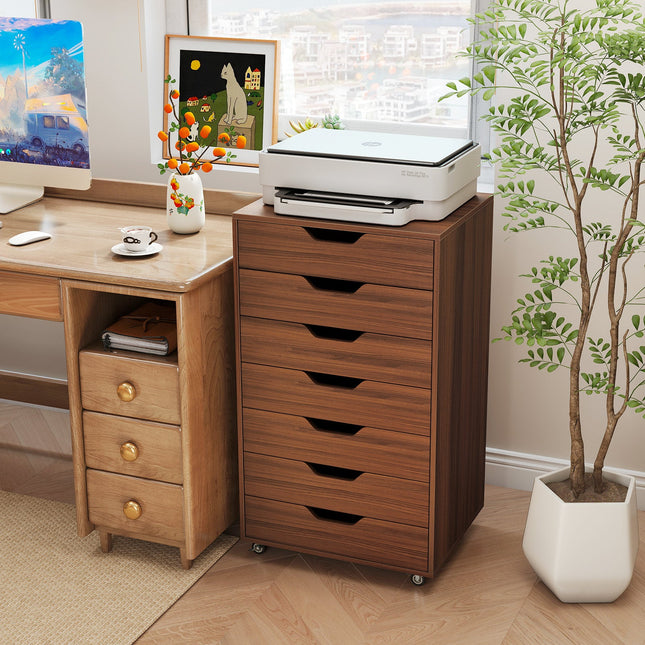 7-Drawer Chest Wooden Storage Dresser with Lockable Wheels