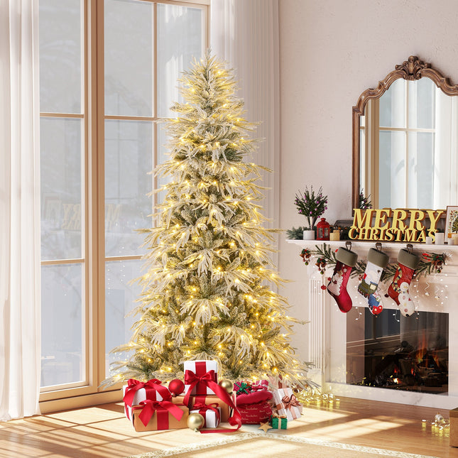 7 Feet Snow-flocked Artificial Christmas Tree Pre-lit Hinged Xmas Tree with Warm White LED Lights