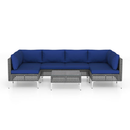 7 Piece Outdoor Furniture Set Wicker Chairs with Tempered Glass Coffee Table-Navy