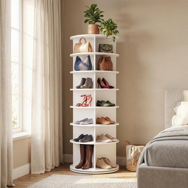 7-Tier Rotating Shoe Rack Tower with 360° Spin - White