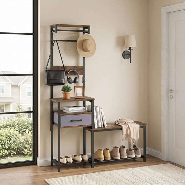 Hall Tree with Shoe Bench and Storage Hooks - Rustic Brown