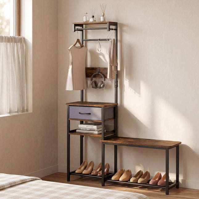 Hall Tree with Shoe Bench and Storage Hooks - Rustic Brown