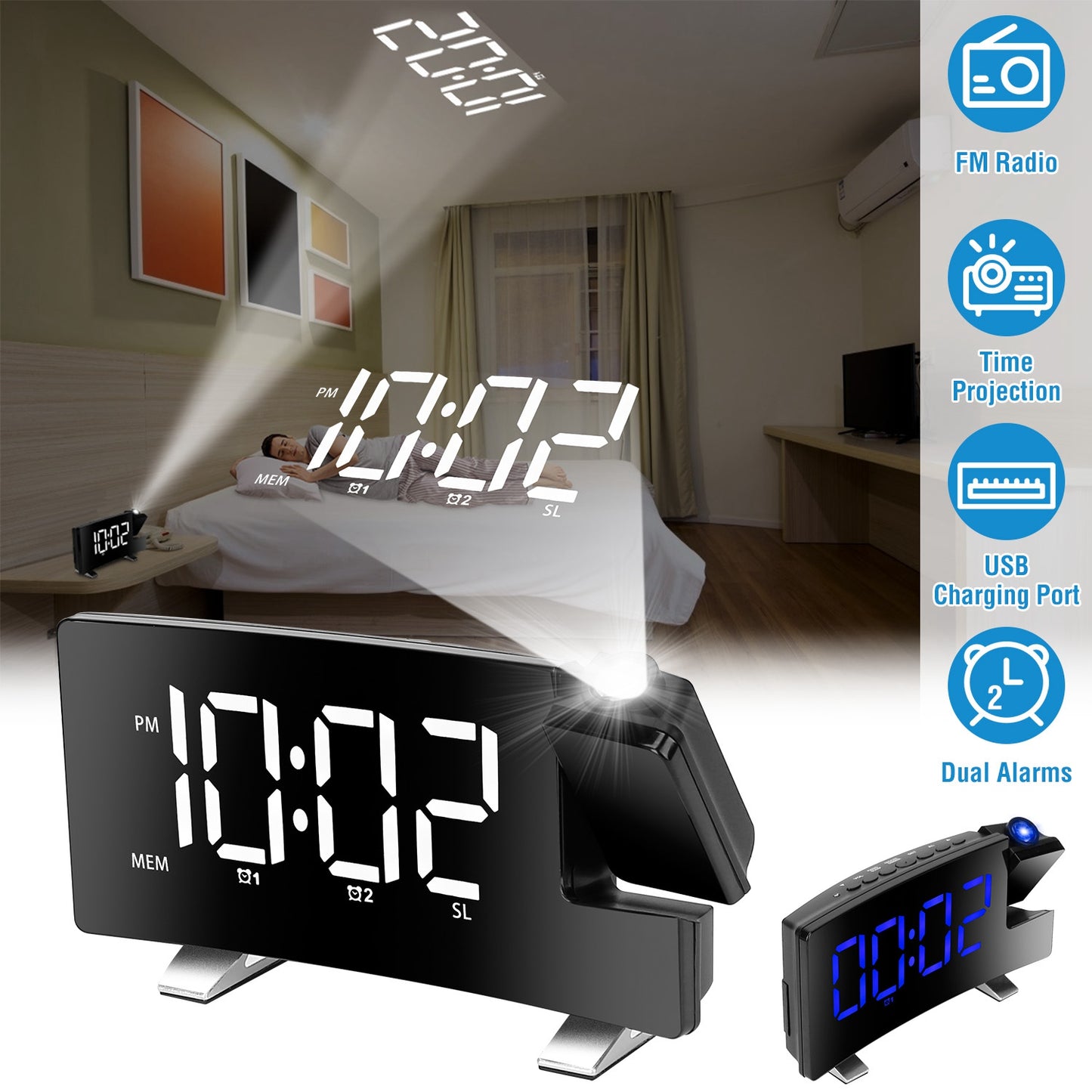 Projection Alarm Clock with Radio Function 7.7In Curved-Screen LED Digital Alarm Clock w/ Dual Alarms 4 Dimmer 12/24 Hour USB Charging Port 180¡ Rotat