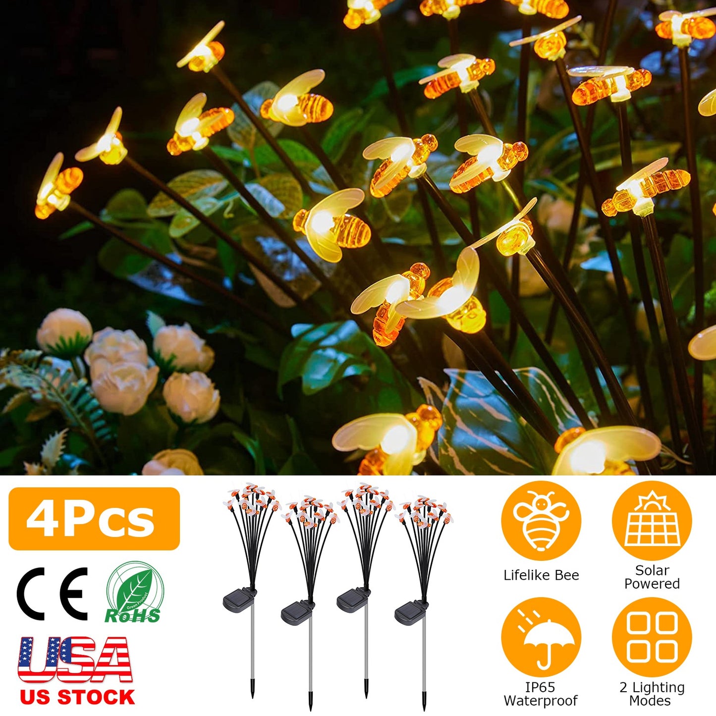 4Pack Solar Powered Stake Bee Light 2 Lighting Mode Lifelike Firefly Decorative Stake Lamp IP65 Waterproof Outdoor Landscape Garden Light Warm Yellow