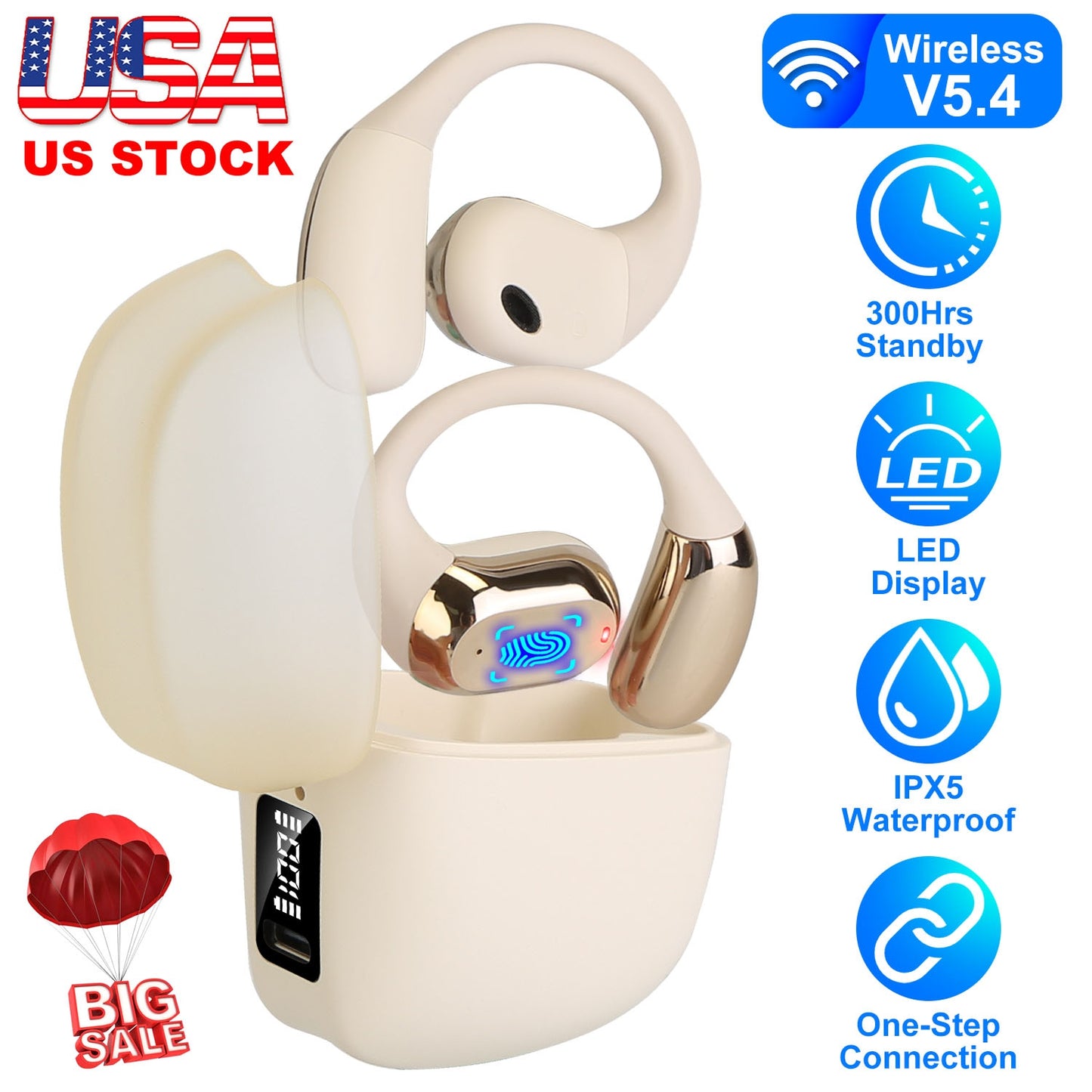 Wireless V5.4 Open Ear Earbuds with Earhook LED Display Charging Case IPX5 Waterproof 300Hrs Standby Time Touch Control Stereo Sport Headphones for Wo