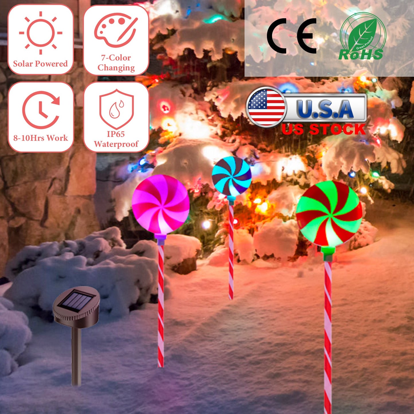 Solar Christmas Candy Light Set of 3 IP65 Waterproof Solar Lollipops Stake Lamp for Patio Yard Garden Pathway Outdoor Christmas Decorative Light