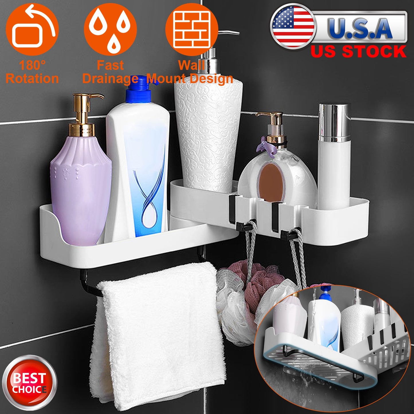180¡ Rotatable Bathroom Corner Caddy Shelf No Drilling Wall-Mounted Storage Rack for Toiletries