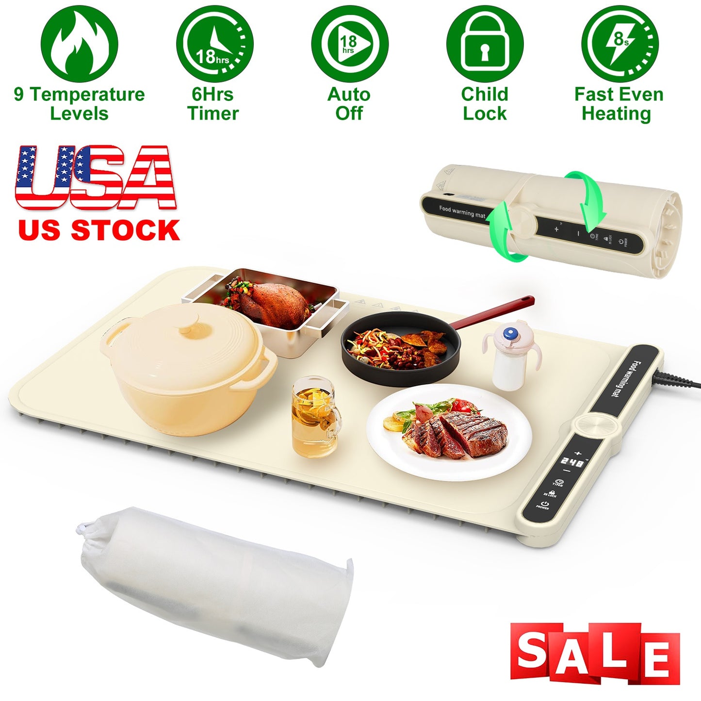 Silicone Food Warming Mat With 9 Temperature Levels 6Hrs Timer Child Lock Auto Shut Off Roll-Up Electric Warming Tray For Party Buffet Gathering Daily