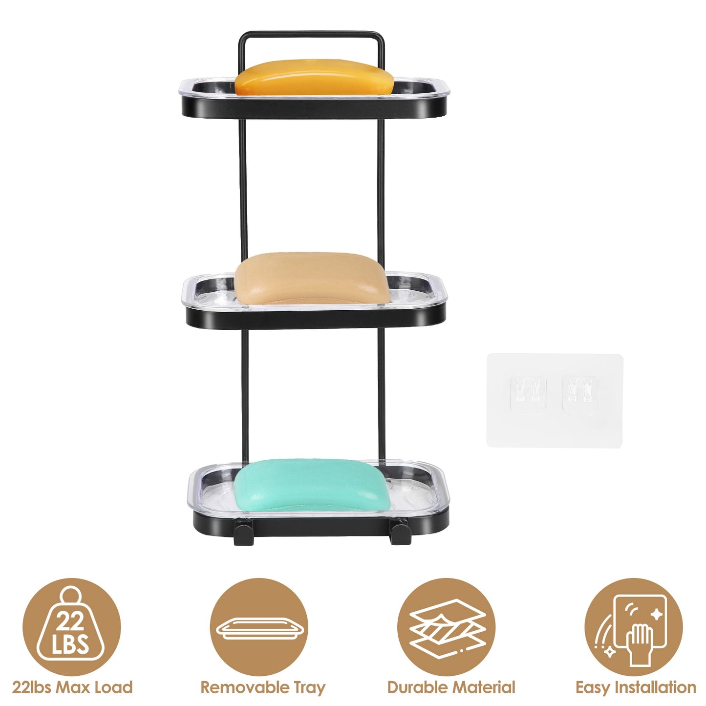 Soap Dish Soap Bar Holder Square Soap Rack Wall Mounted S Bar Shower Bathroom Self with 2 Hooks Clear Trays