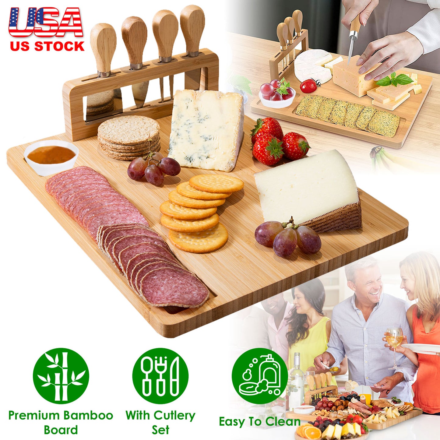 Bamboo Cheese Board Charcuterie Cheese Platter Board Serving Tray with Cutlery Set for Wedding Birthdays Christmas